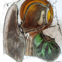 Detalle grisalla restauración Panteón modernista Eduard Sevilla i Montoliu/Coromina. Montjuic