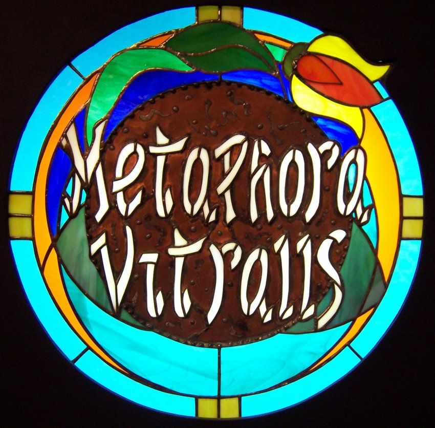 Rótulo Metaphora Vitralls. Emplomado y técnica Tiffany's