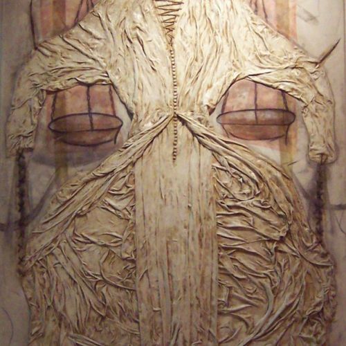 Vidrio emplomado, textil y pintura sobre tela